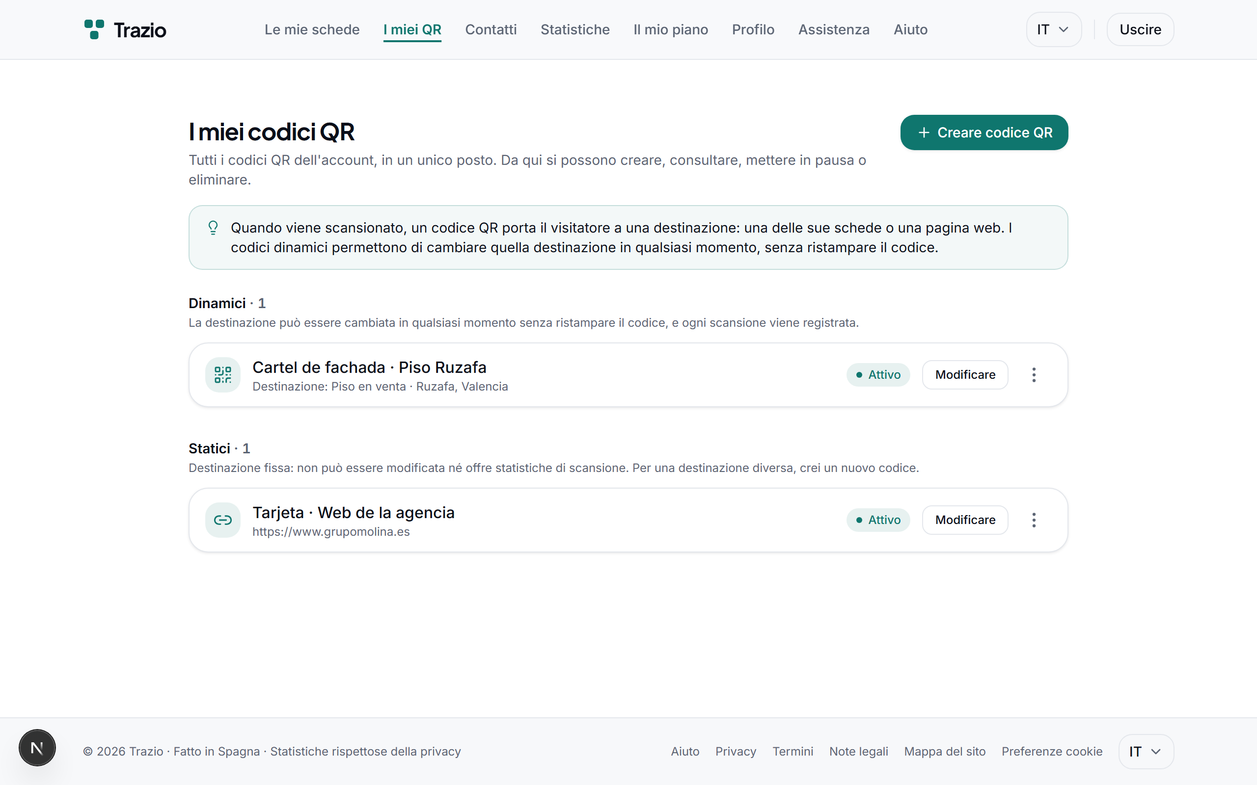 Nell'elenco dei codici QR vengono mostrati tutti quelli generati. Per crearne uno nuovo, si preme il pulsante corrispondente.
