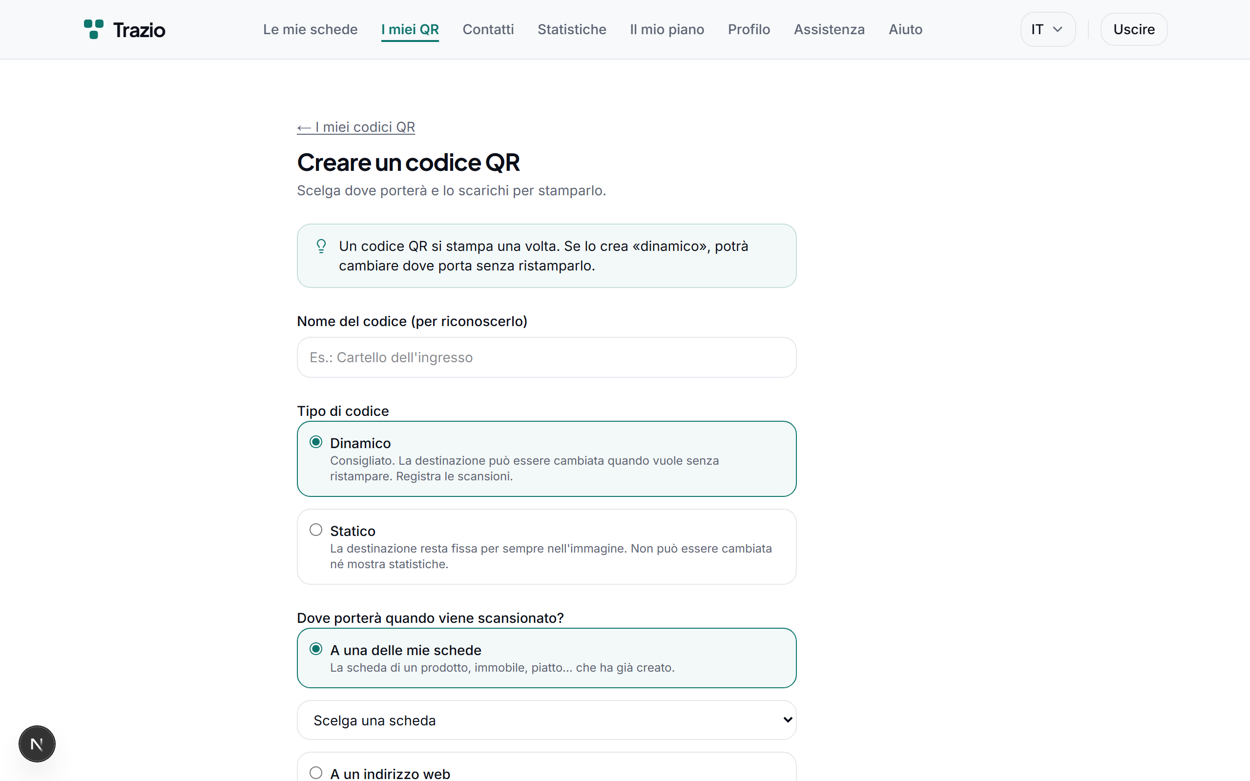 Si seleziona il tipo dinamico e si indica come destinazione una propria scheda. È anche possibile puntare a un indirizzo web esterno.