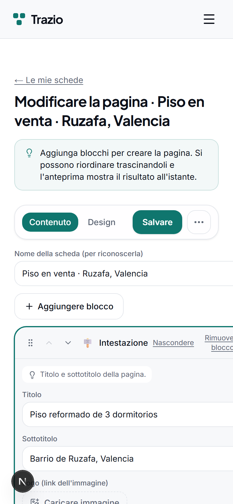 Nell'editor si completano il titolo, la descrizione e le immagini. Ogni campo può essere modificato tutte le volte necessarie prima della pubblicazione.