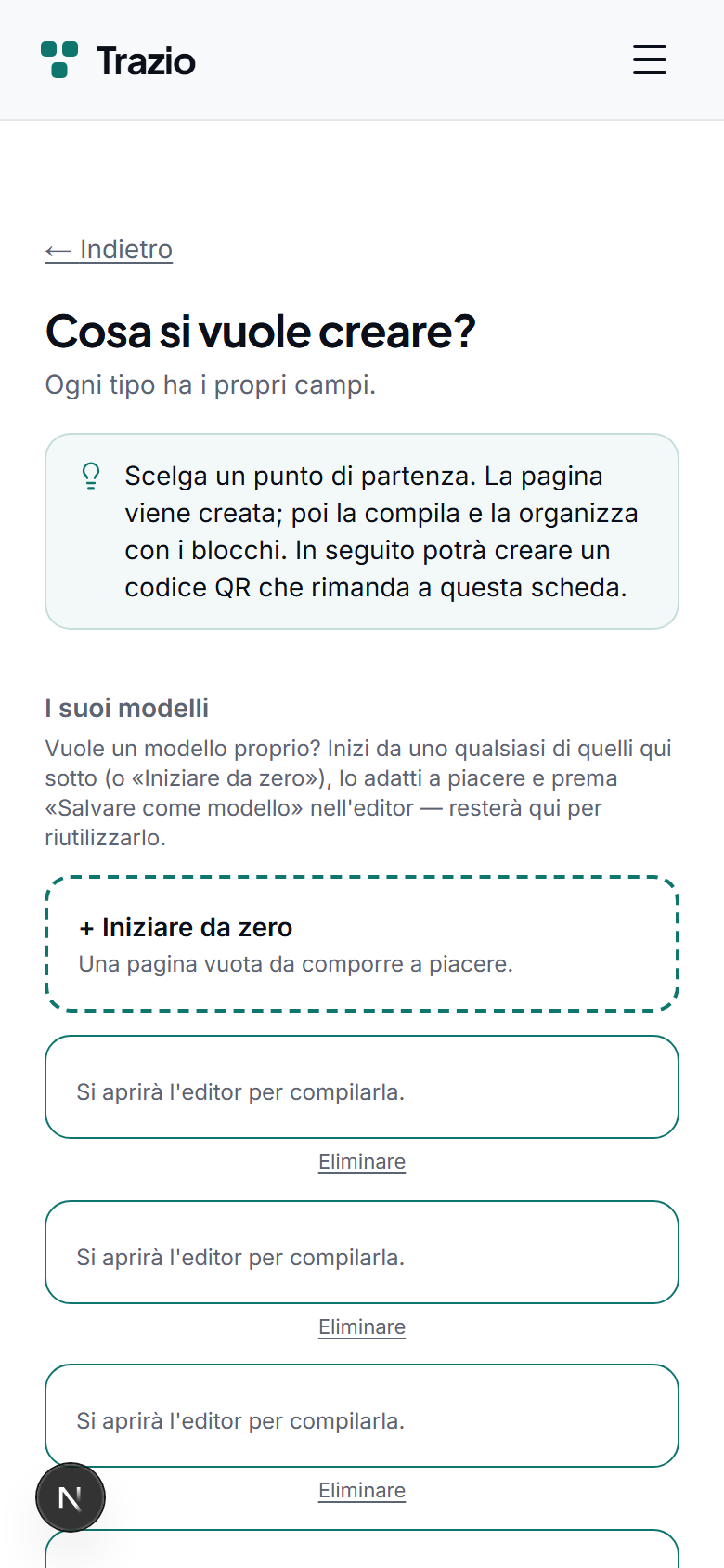 Si seleziona un modello in base all'uso previsto: immobile, piatto, evento, prodotto o altro. Il modello definisce la struttura iniziale del contenuto.