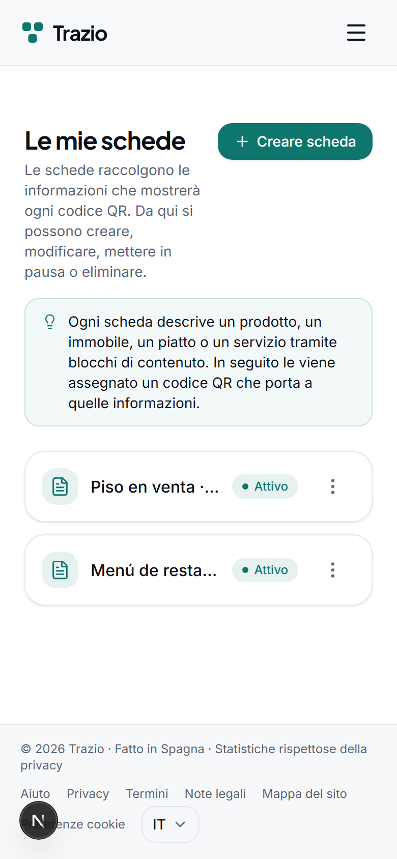 Nell'elenco delle schede vengono mostrate tutte le schede create. Per iniziarne una nuova, si preme il pulsante di creazione della scheda.