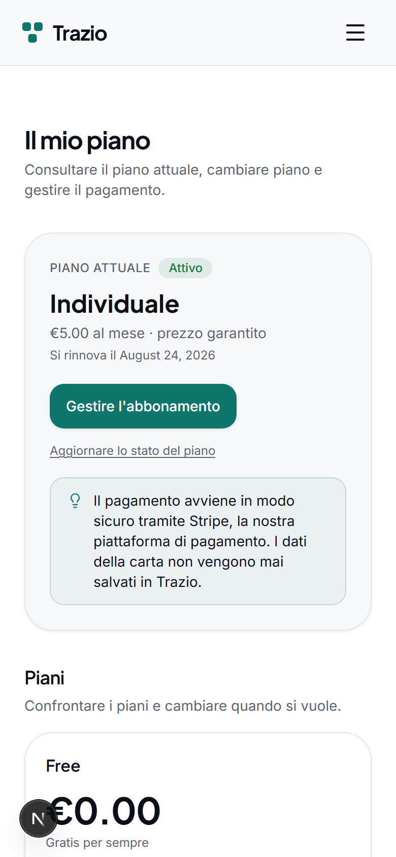 Nella sezione del piano si consultano il piano attuale e ciò che include. Il piano Free consente di creare schede e codici con le funzioni essenziali.