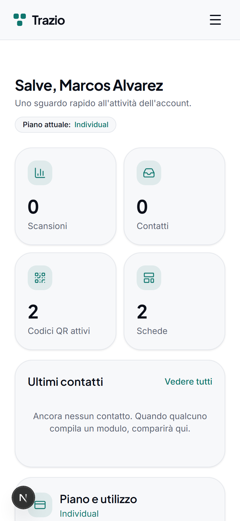 Il pannello iniziale riunisce le schede, i codici QR e l'analisi dei dati. Da qui si accede a tutto ciò che serve per gestire l'account.