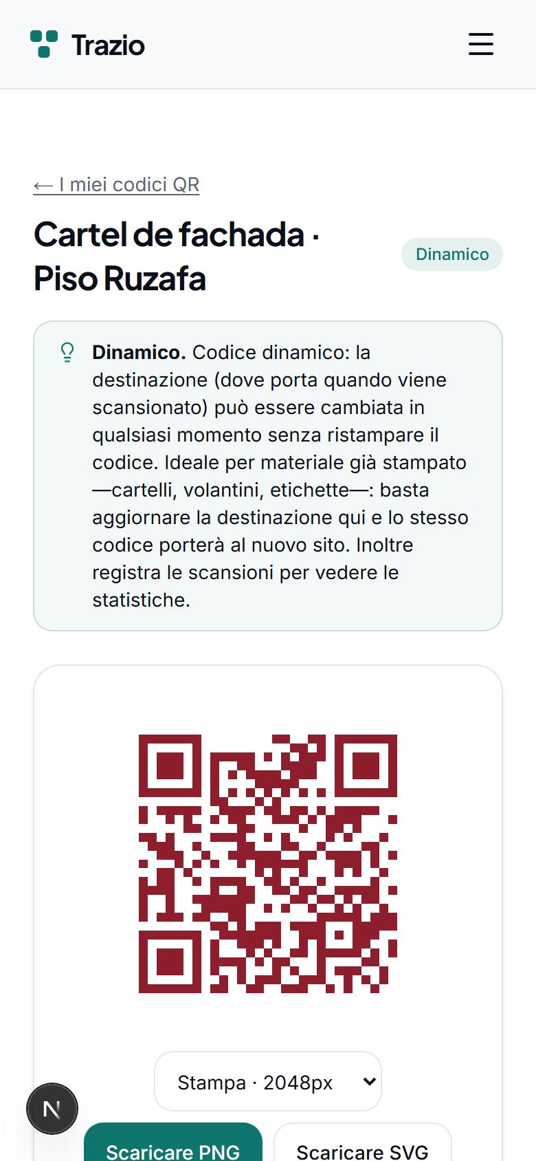 Nel dettaglio del codice dinamico viene mostrata la destinazione attuale. Da qui si accede all'opzione per modificarla.
