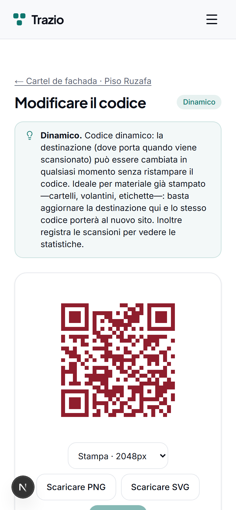 Si indica la nuova destinazione (un'altra scheda o un indirizzo web) e si salva. La modifica si applica all'istante per chi scansiona il codice.