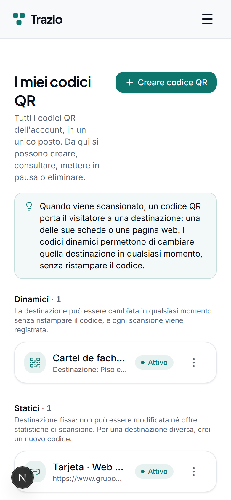 Nell'elenco dei codici QR vengono mostrati tutti quelli generati. Per crearne uno nuovo, si preme il pulsante corrispondente.