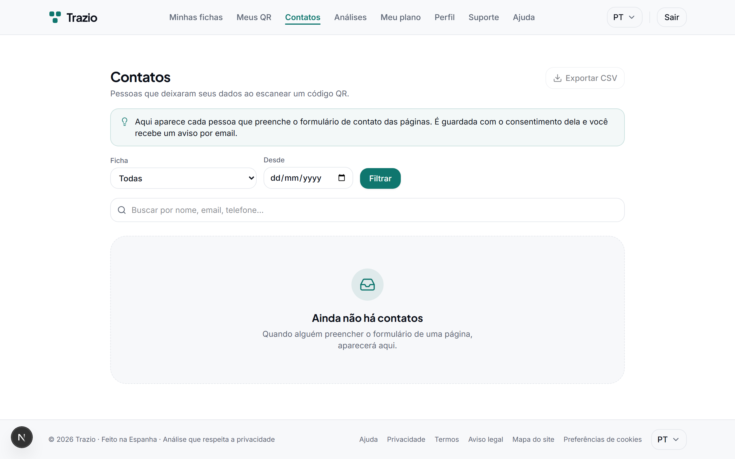 Os contactos recebidos reúnem-se numa mesma lista dentro da conta, prontos para serem consultados ou exportados.