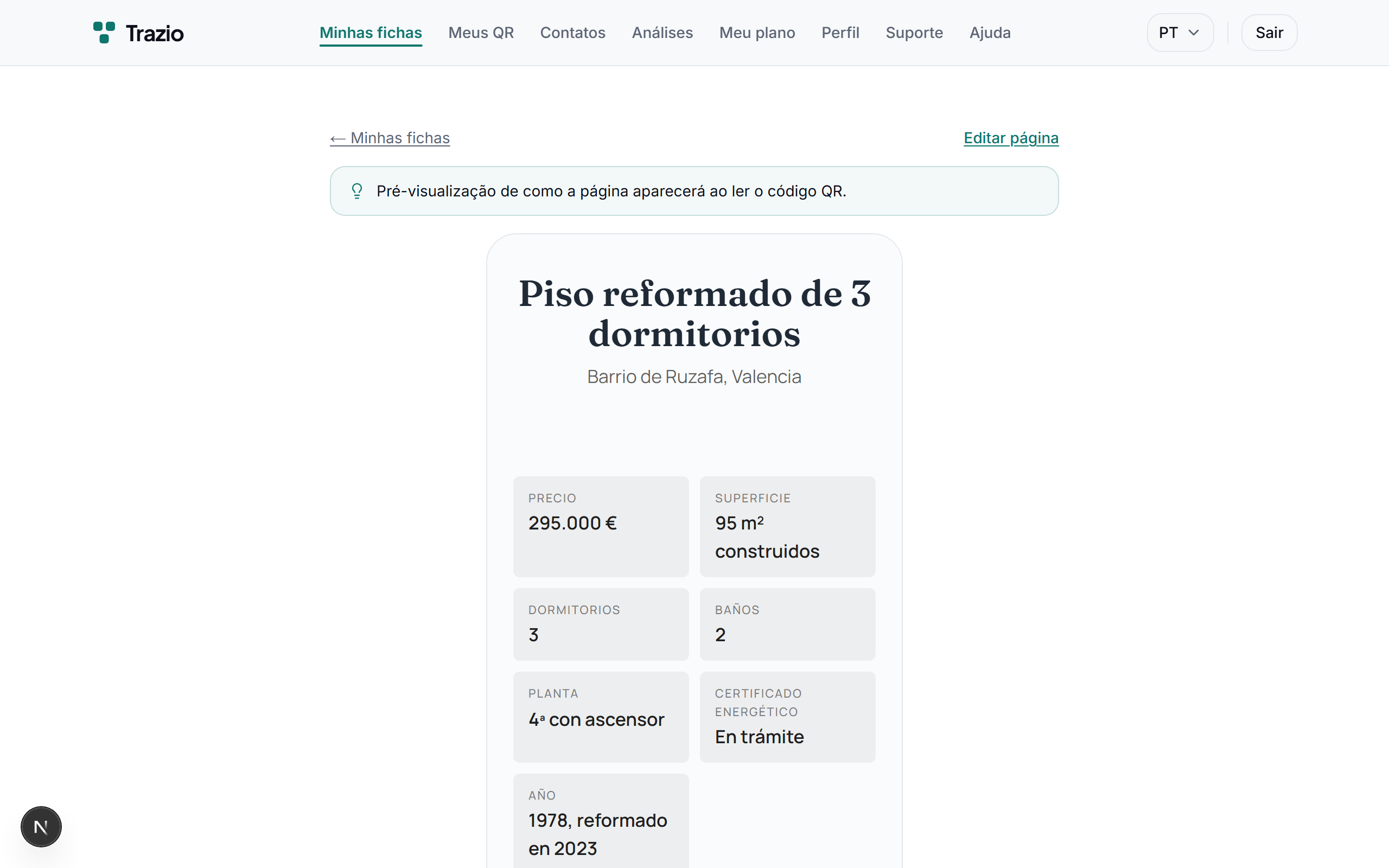 Cada ficha reúne o seu conteúdo num mesmo lugar: título, descrição, imagens e dados de interesse. Tudo se gere a partir da conta do Trazio.