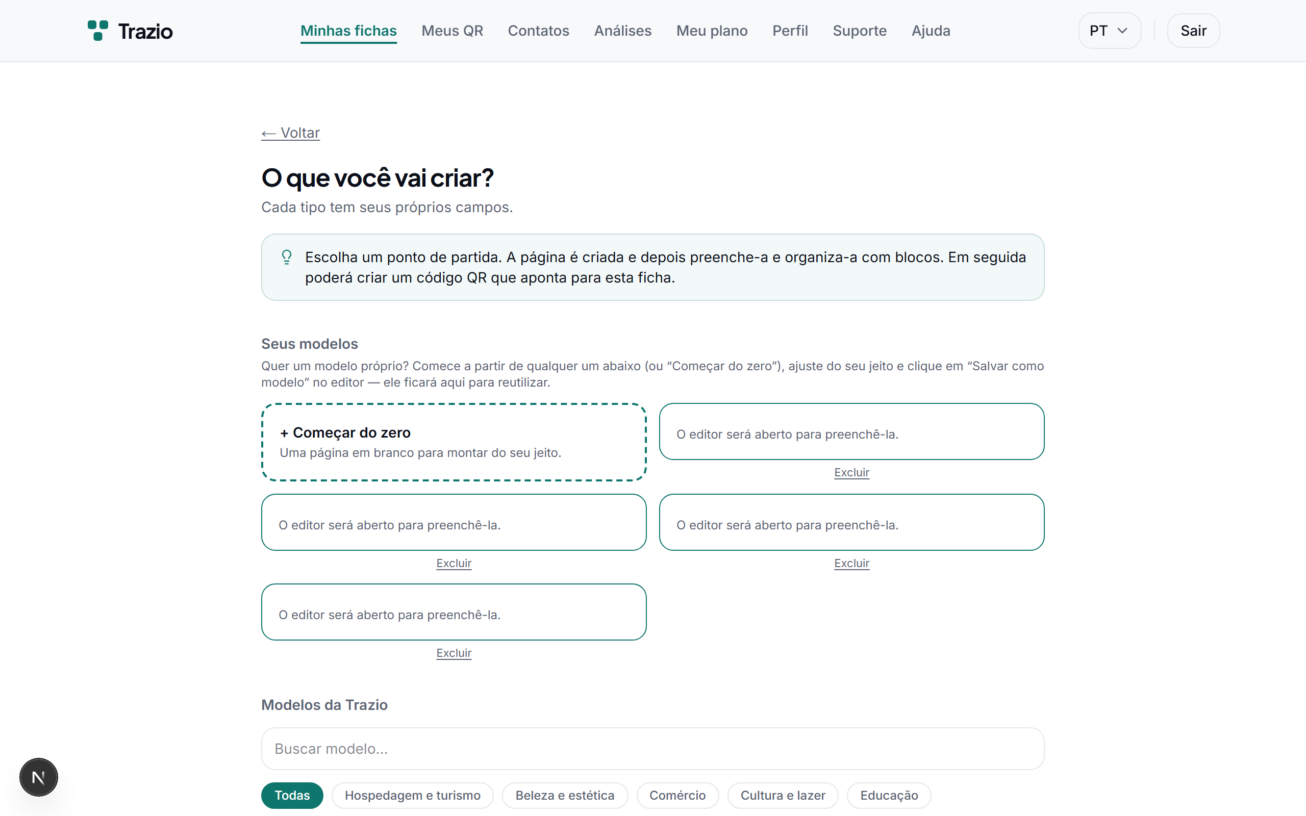 Seleciona-se um modelo conforme o uso previsto: imóvel, prato, evento, produto ou outros. O modelo define a estrutura inicial do conteúdo.