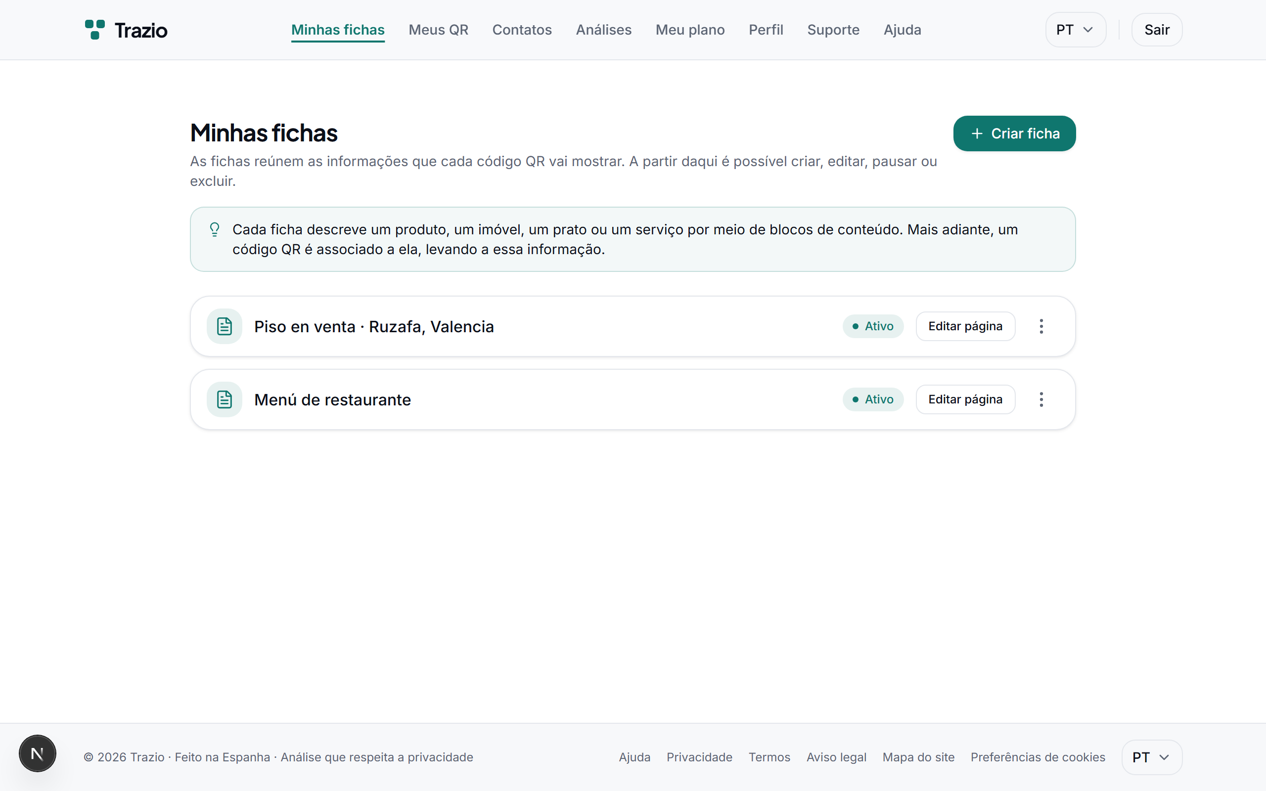 Na lista de fichas mostram-se todas as fichas criadas. Para começar uma nova, carrega-se no botão de criar ficha.