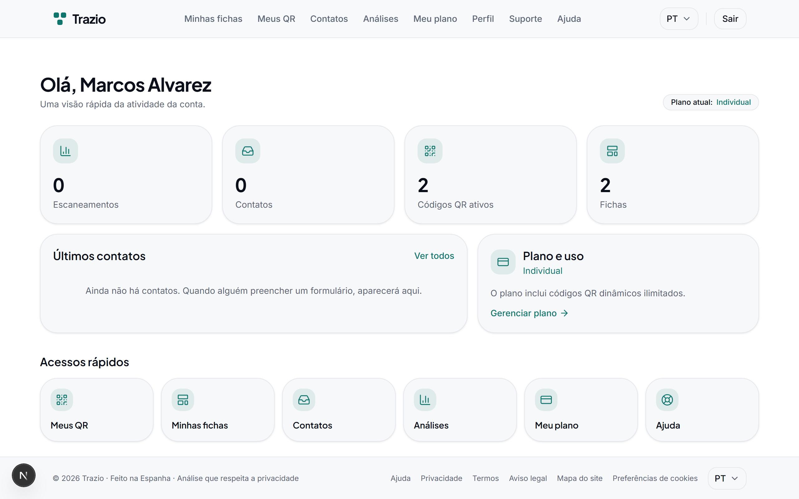 O painel inicial reúne as fichas, os códigos QR e a analítica. A partir daqui acede-se a tudo o que é necessário para gerir a conta.