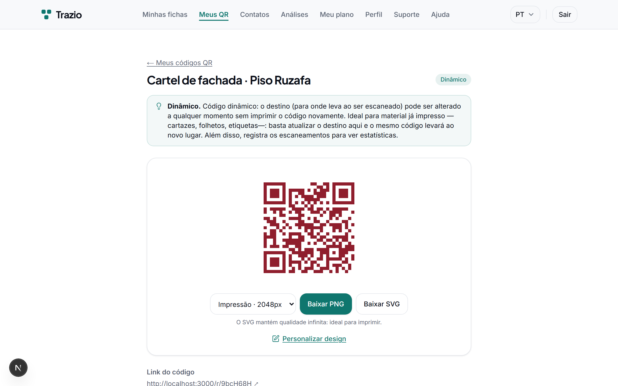 No detalhe do código dinâmico mostra-se o destino atual. A partir daqui acede-se à opção de editá-lo.