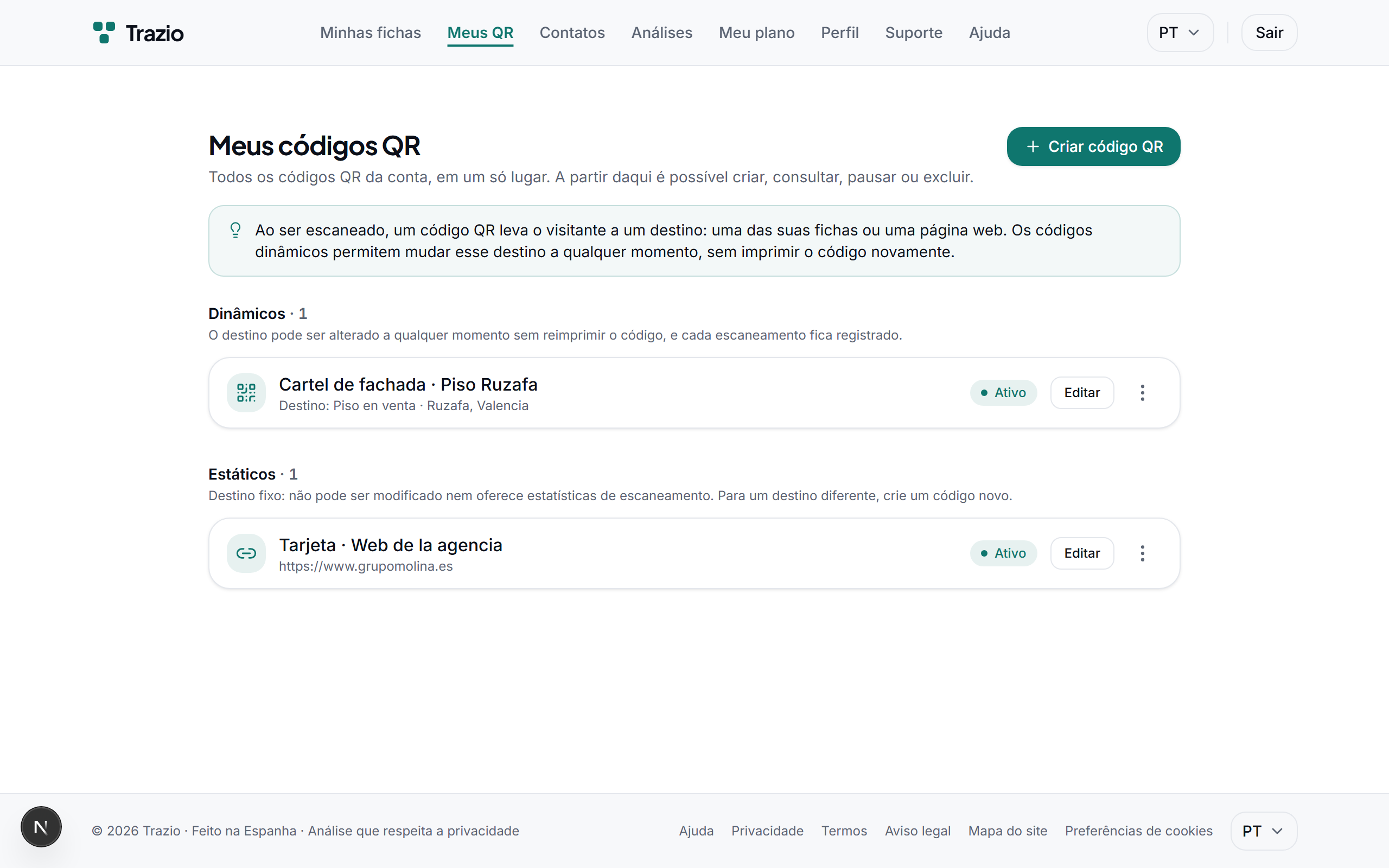Na lista de códigos QR mostram-se todos os gerados. Para criar um novo, carrega-se no botão correspondente.