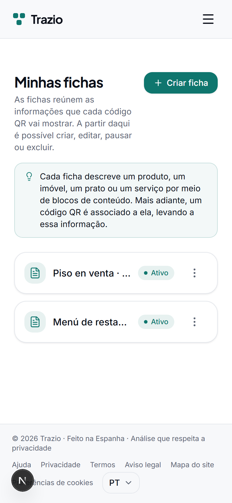 Na lista de fichas mostram-se todas as fichas criadas. Para começar uma nova, carrega-se no botão de criar ficha.