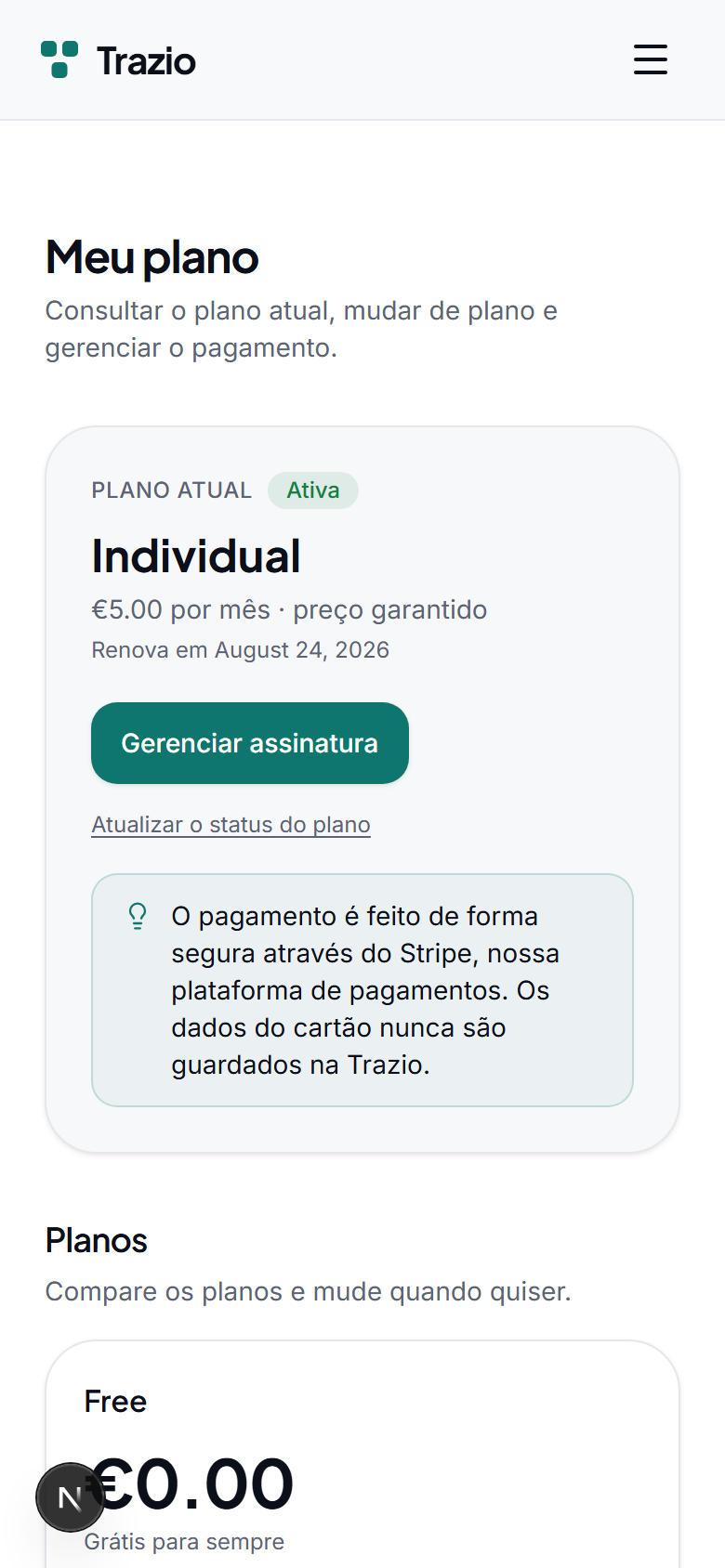 Na secção do plano consulta-se o plano atual e o que ele inclui. O plano Free permite criar fichas e códigos com as funções essenciais.