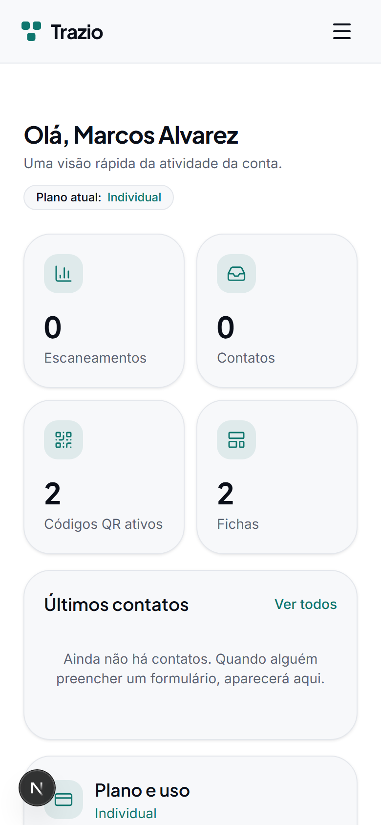 O painel inicial reúne as fichas, os códigos QR e a analítica. A partir daqui acede-se a tudo o que é necessário para gerir a conta.