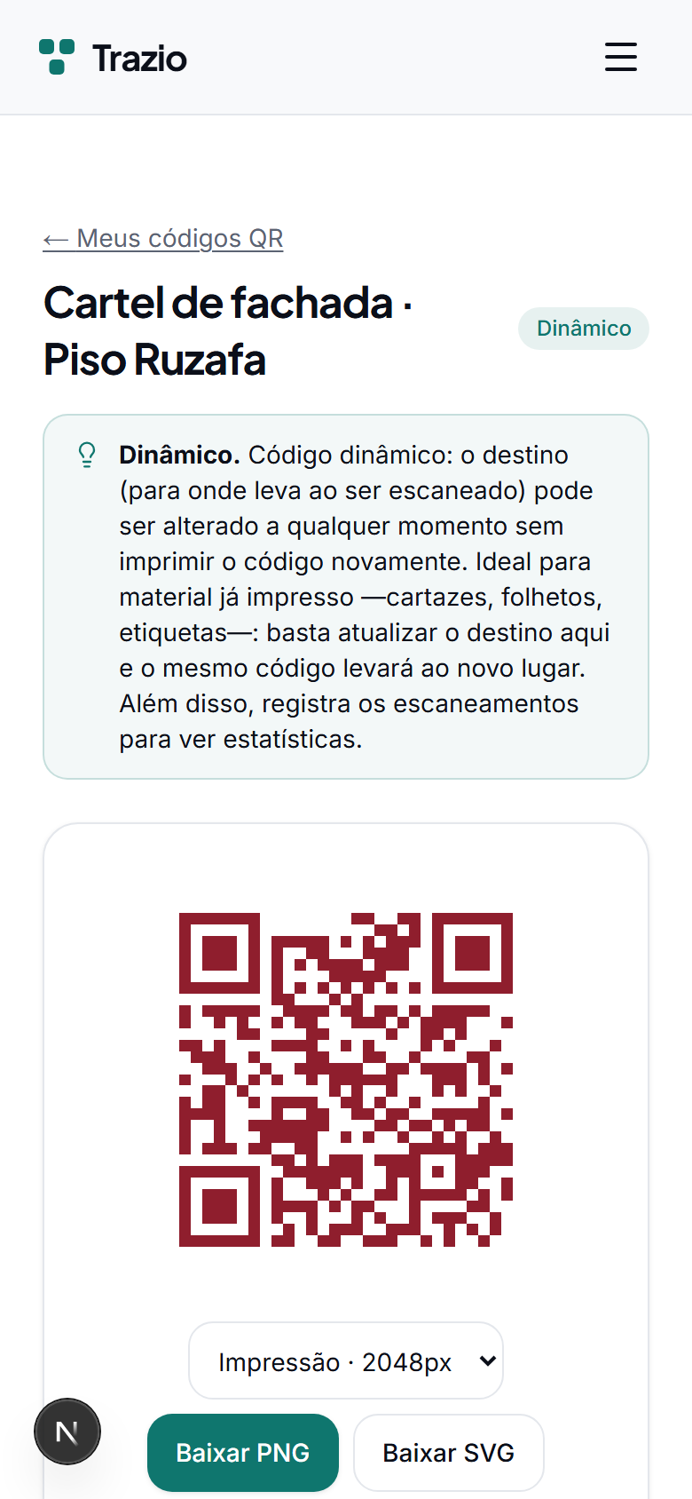 No detalhe do código dinâmico mostra-se o destino atual. A partir daqui acede-se à opção de editá-lo.