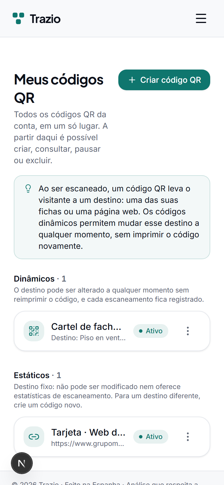 Na lista de códigos QR mostram-se todos os gerados. Para criar um novo, carrega-se no botão correspondente.